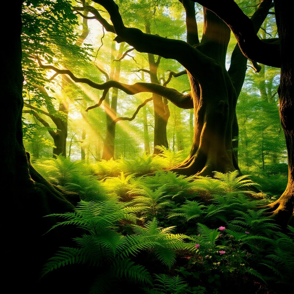 Serene Forest Background with Sunlight – free AI stock image