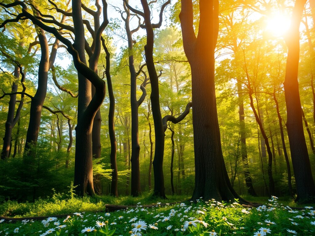 Serene Forest Background with Sunlight – free AI stock image