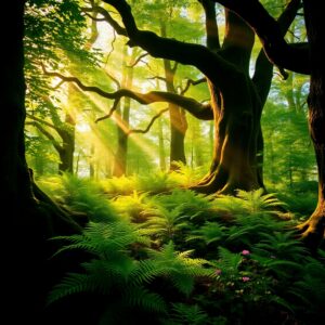 Serene Forest Background with Sunlight – free AI stock image