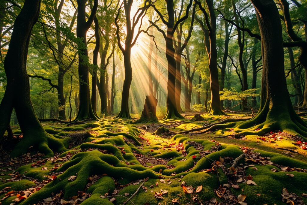 Serene Forest Background with Sunlight Dappled – free AI stock image
