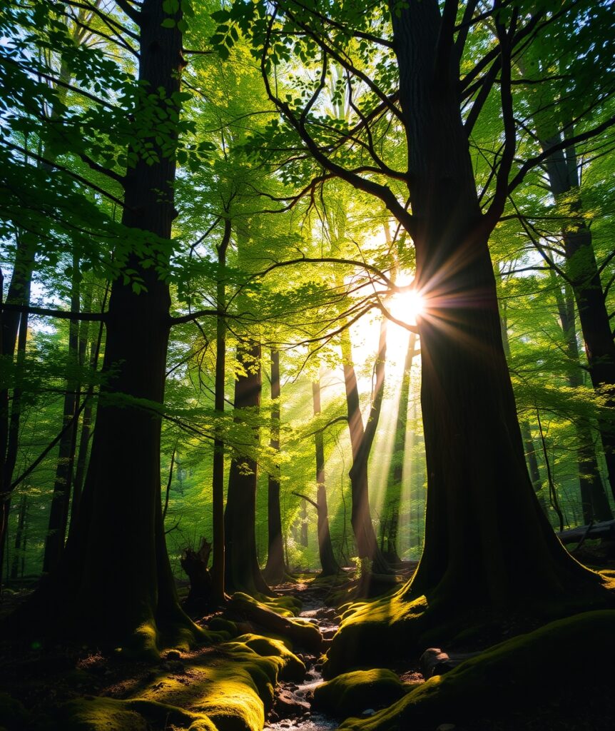 Serene Forest Background with Sunlight Filtering – free AI stock image