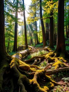 Serene Forest Background with Sunlight Filtering – free AI stock image