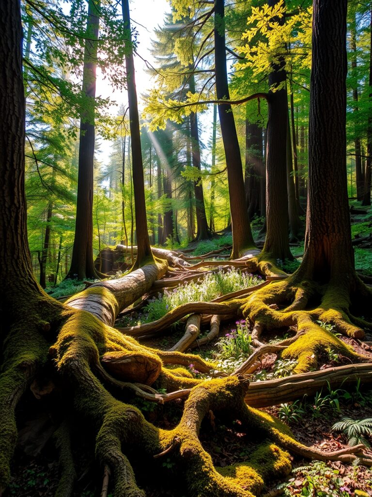 Serene Forest Background with Sunlight Filtering – free AI stock image
