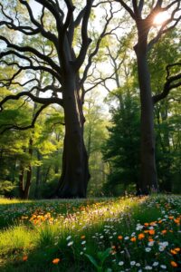 Serene Forest Background with Sunlight Filtering – free AI stock image