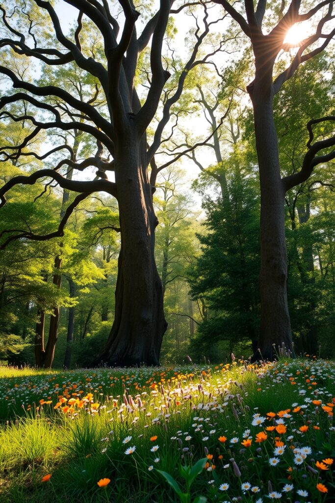 Serene Forest Background with Sunlight Filtering – free AI stock image