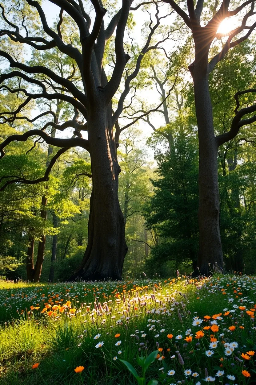 Serene Forest Background with Sunlight Filtering
