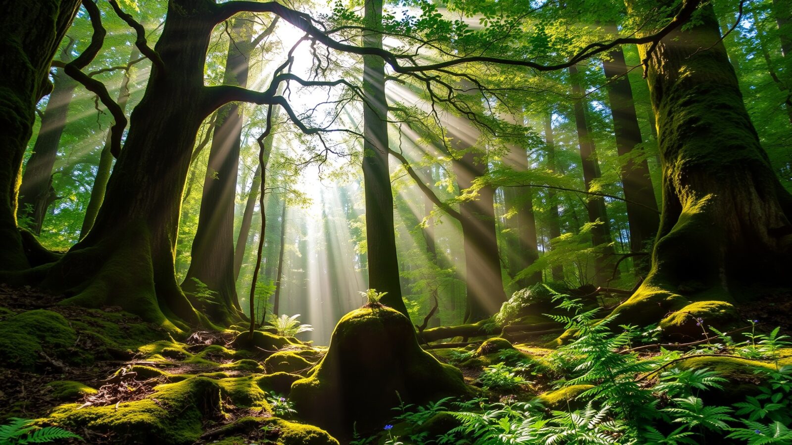 serene forest background with sunlight filtering through leaves