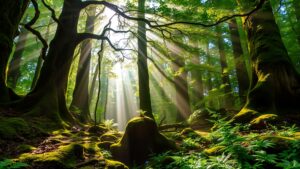 Serene Forest Background with Sunlight Filtering Through Leaves image – free AI stock image