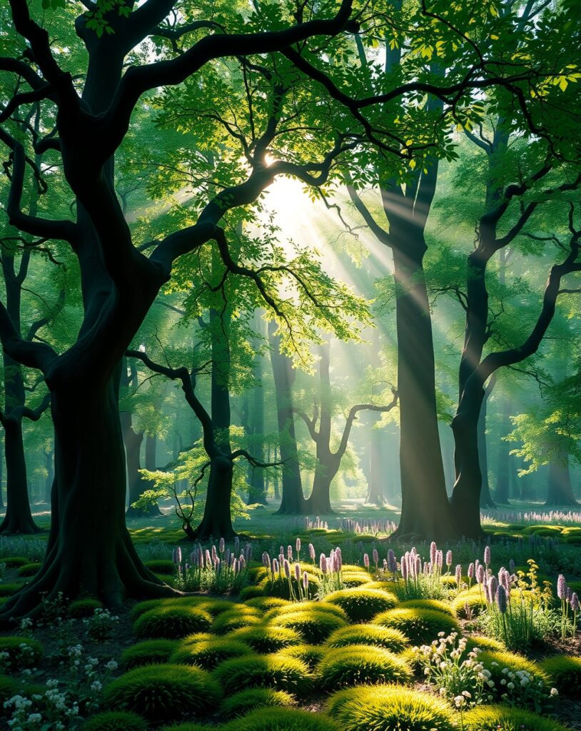 Serene Forest Background with Sunlight Rays – free AI stock image