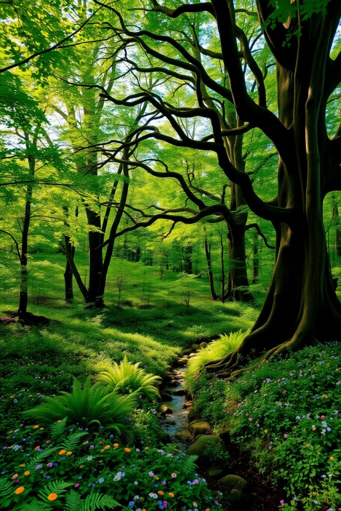 Serene Forest Clearing with Sunlight Dappled – free AI stock image