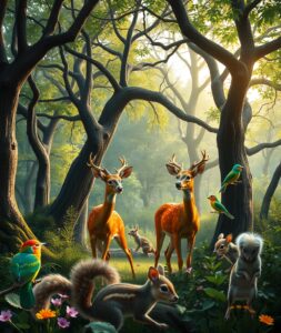 A Serene Forest Gathering of Wildlife – free AI stock image