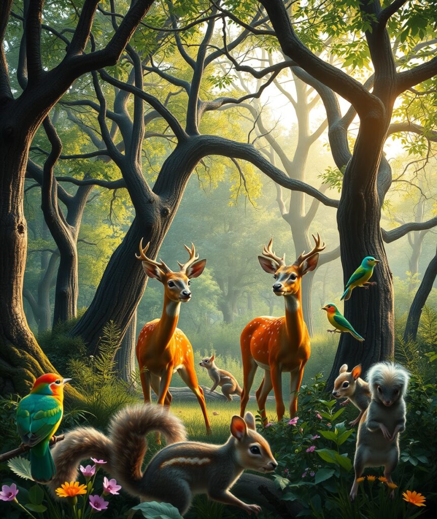 A Serene Forest Gathering of Wildlife – free AI stock image
