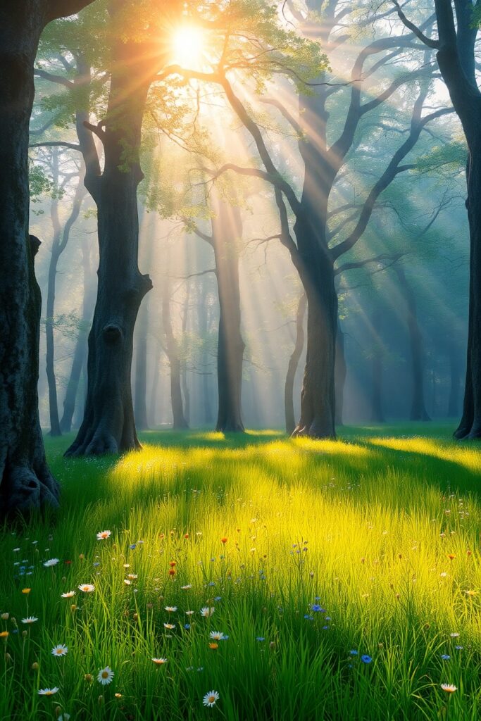Serene Forest Glade at Dawn – free AI stock image