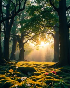 Serene Forest Glade at Sunrise – free AI stock image