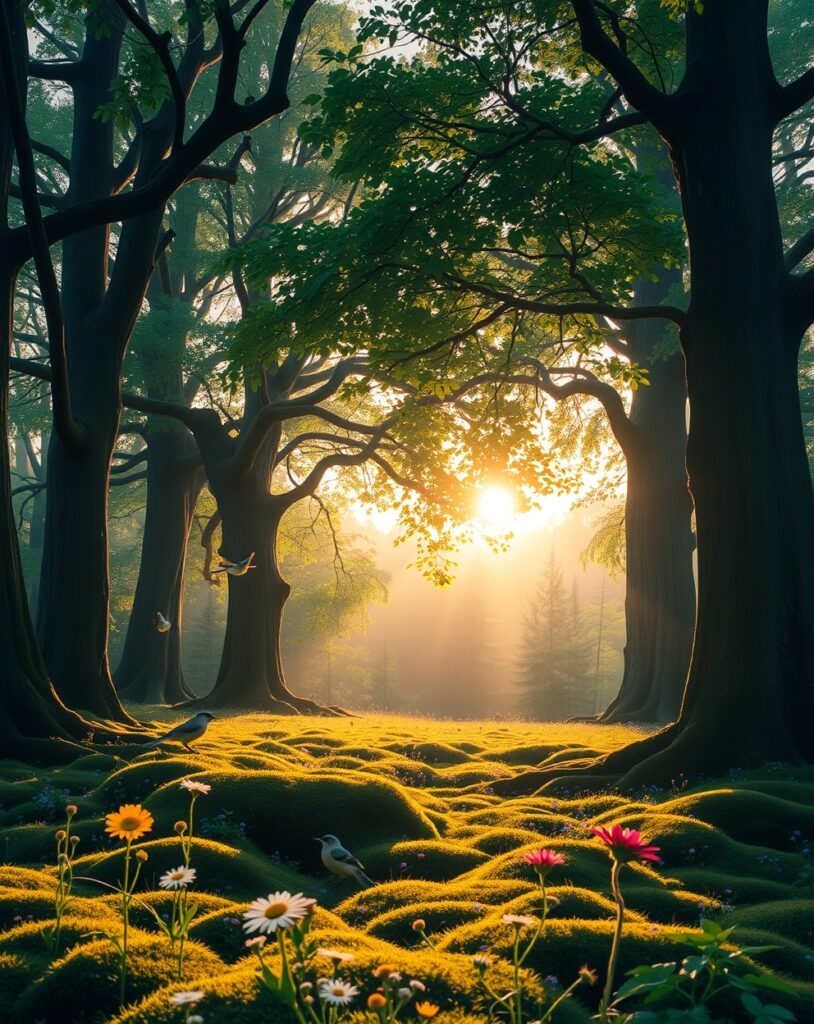 Serene Forest Glade at Sunrise – free AI stock image