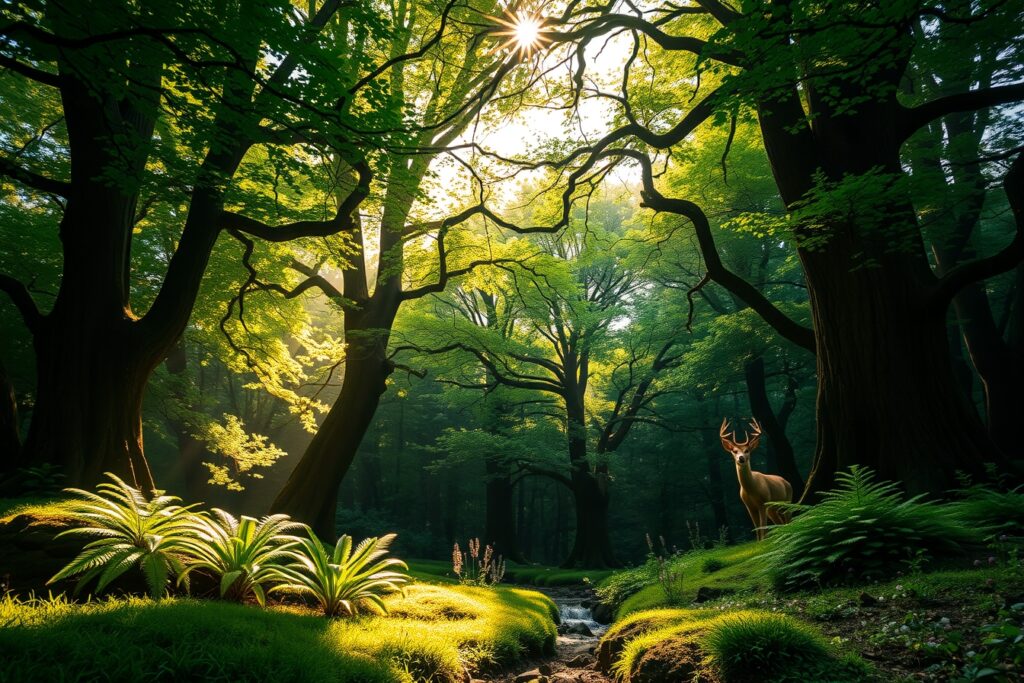Serene Forest Glade with Sunlight Filter – free AI stock image