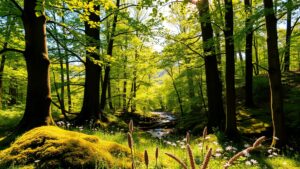 Serene Forest Glade with Sunlight Filtering Through Leaves Image – free AI stock image