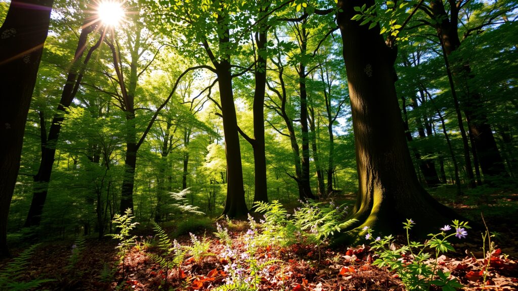 Serene Forest Glade with Sunlight Filtering Through Leaves image – free AI stock image