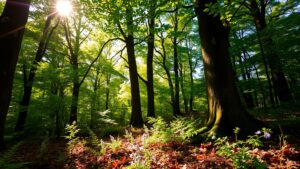 Serene Forest Glade with Sunlight Filtering Through Leaves image – free AI stock image