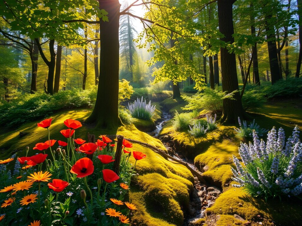 Serene Forest Glade with Sunlit Flowers – free AI stock image