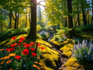 Serene Forest Glade with Sunlit Flowers – free AI stock image
