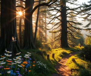 Serene Forest Landscape at Sunrise – free AI stock image