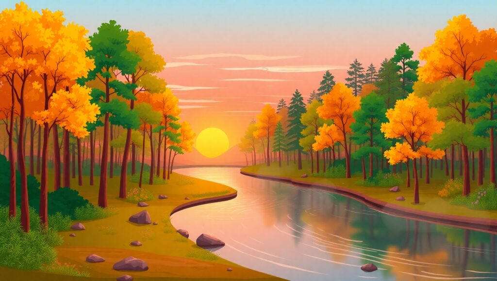 Serene Forest Landscape at Sunset – free AI stock image