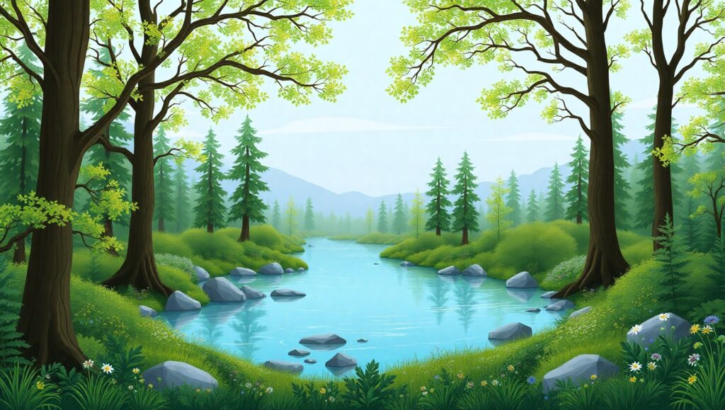 Serene Forest Landscape in Flat Design – free AI stock image