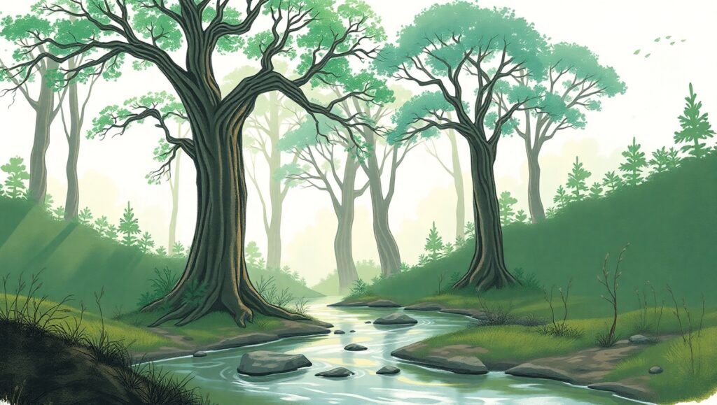 Serene Forest Landscape Sketch – free AI stock image