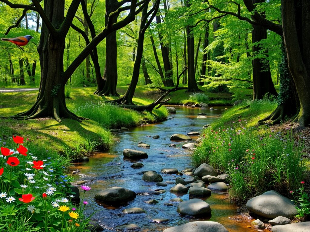 Serene Forest Landscape with Gentle River Flow – free AI stock image