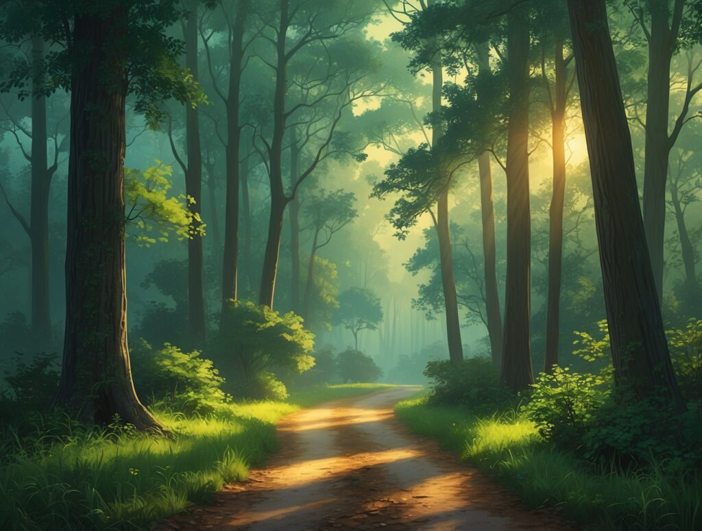 A Serene Forest Path at Dawn – free AI stock image
