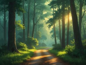 A Serene Forest Path at Dawn – free AI stock image