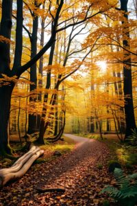 Serene Forest Path Under Golden Leaves – free AI stock image