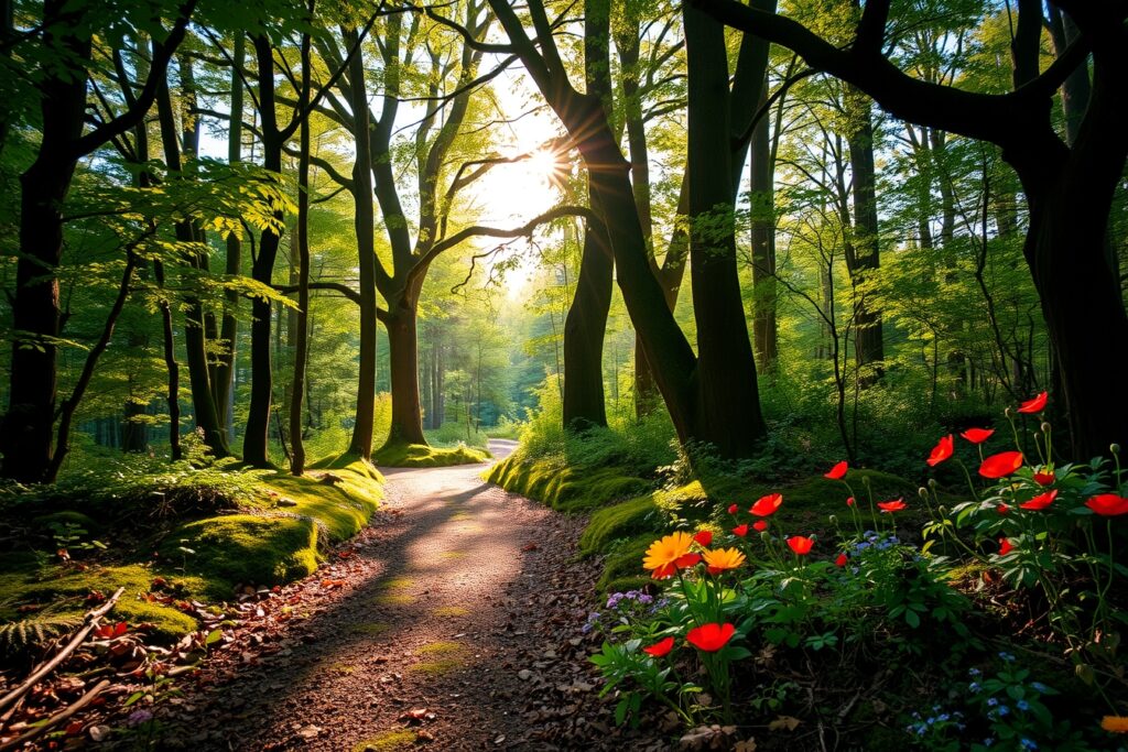 Serene Forest Path with Sunlight Filtering – free AI stock image