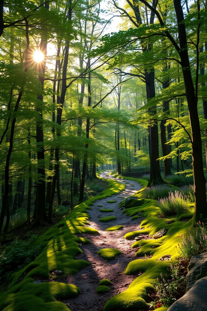 Serene Forest Path with Sunlight Glimmering – free AI stock image