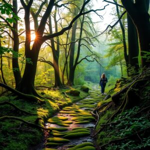 Serene Forest Pathway at Dawn – free AI stock image