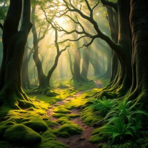 Serene Forest Pathway Through Verdant Foliage – free AI stock image