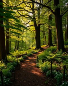 Serene Forest Pathway with Sunlight Filtering – free AI stock image