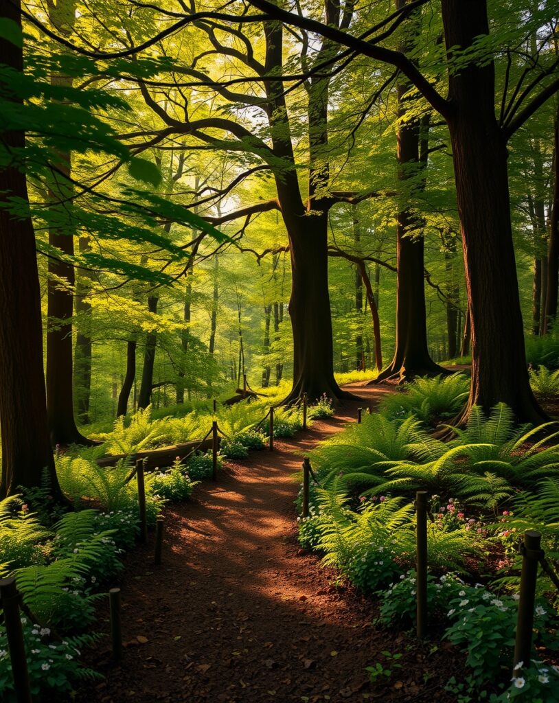 Serene Forest Pathway with Sunlight Filtering – free AI stock image