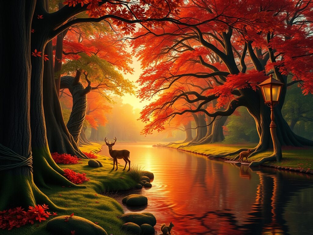 Serene Forest Reflections at Sunset – free AI stock image