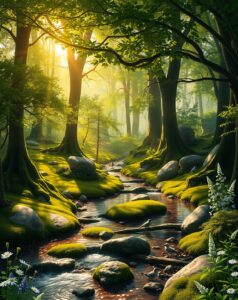 Serene Forest Scene with Gentle Stream – free AI stock image