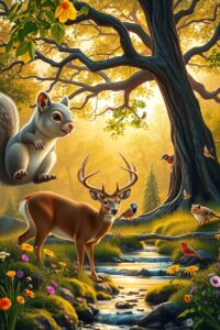 Serene Forest Scene with Wild Animals – free AI stock image