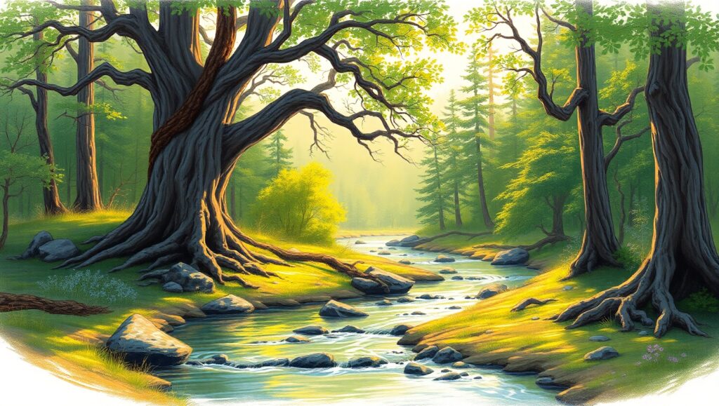 Serene Forest Sketch – free AI stock image