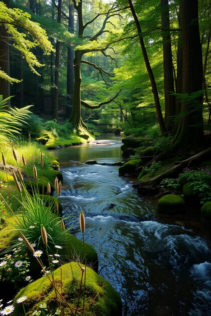 Serene Forest Stream Surrounded by Lush Foliage – free AI stock image