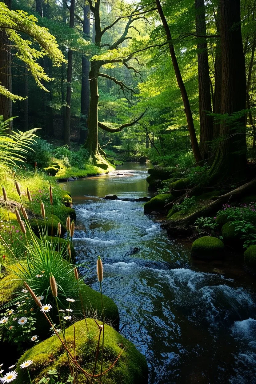 Serene Forest Stream Surrounded by Lush Foliage