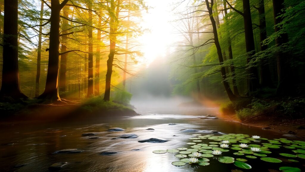 Serene Forest Sunrise – free AI stock image