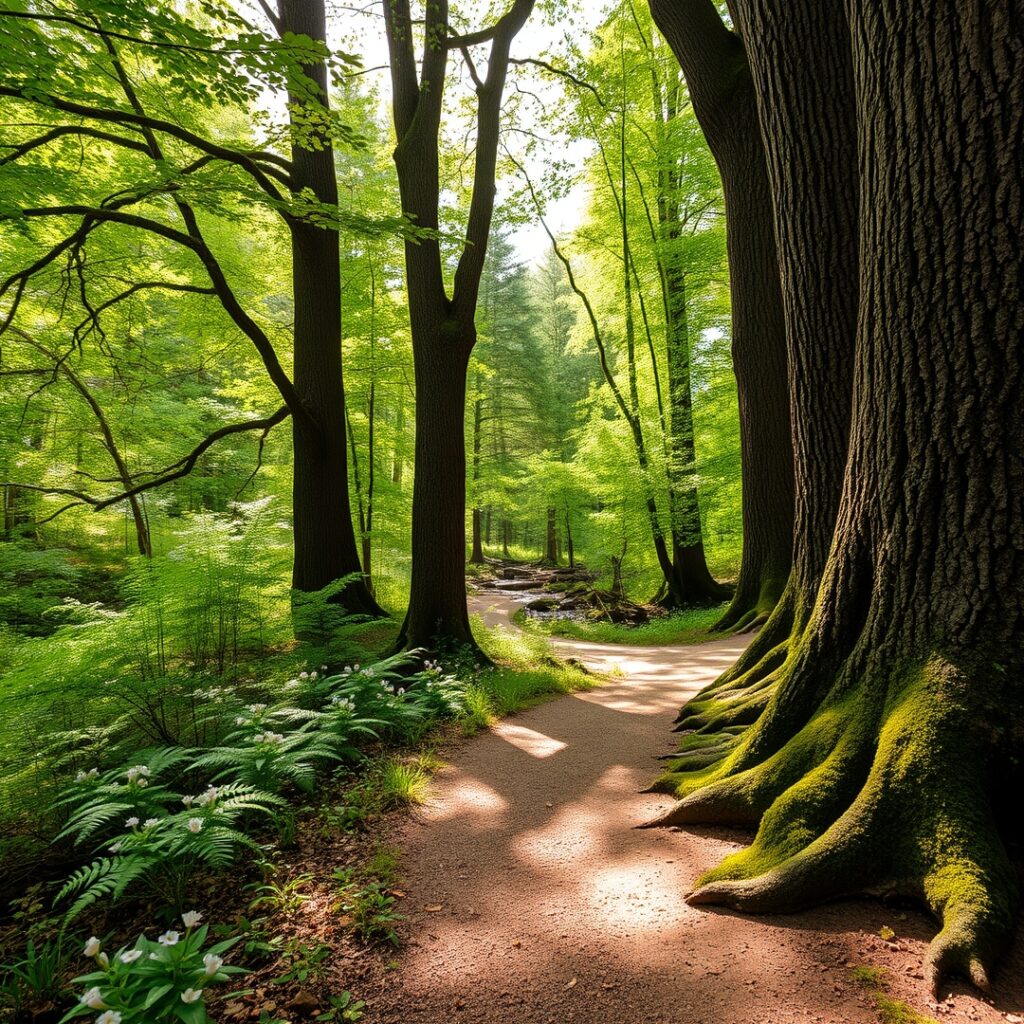 Serene Forest Trail with Majestic Trees – free AI stock image