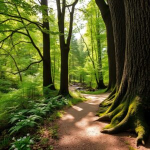 Serene Forest Trail with Majestic Trees – free AI stock image