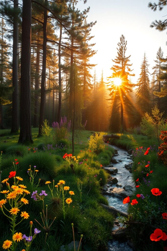 Serene Forest Under a Golden Sunset – free AI stock image