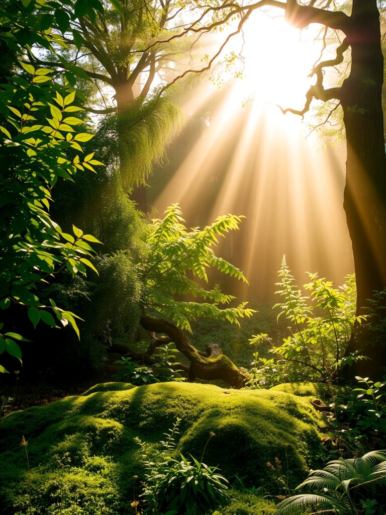 Serene Forest Under Gentle Morning Light – free AI stock image
